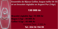 A vendre ensemble de Bijoux Collier, bague taille 54-55 et bracelet réglable en Argent Pur.